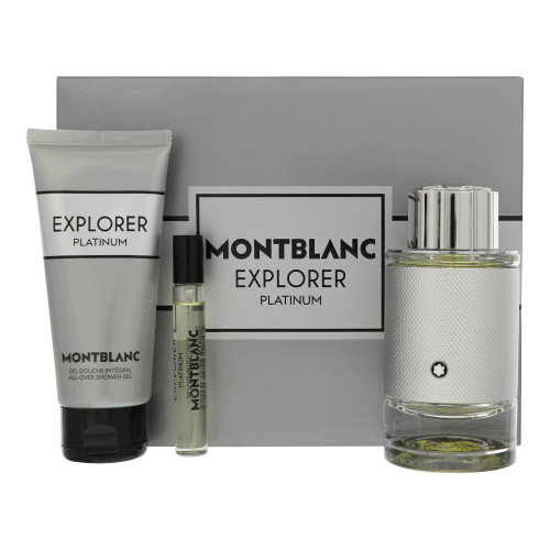 Mont Blanc Explorer Platinum by Mont Blanc Gift Set for Men 3 Piece Gift Set - 3.3 Oz Eau De Parfum Spray, 0.25 Oz Eau De Parfum Spray, 3.3 Oz All Over Shower Gel