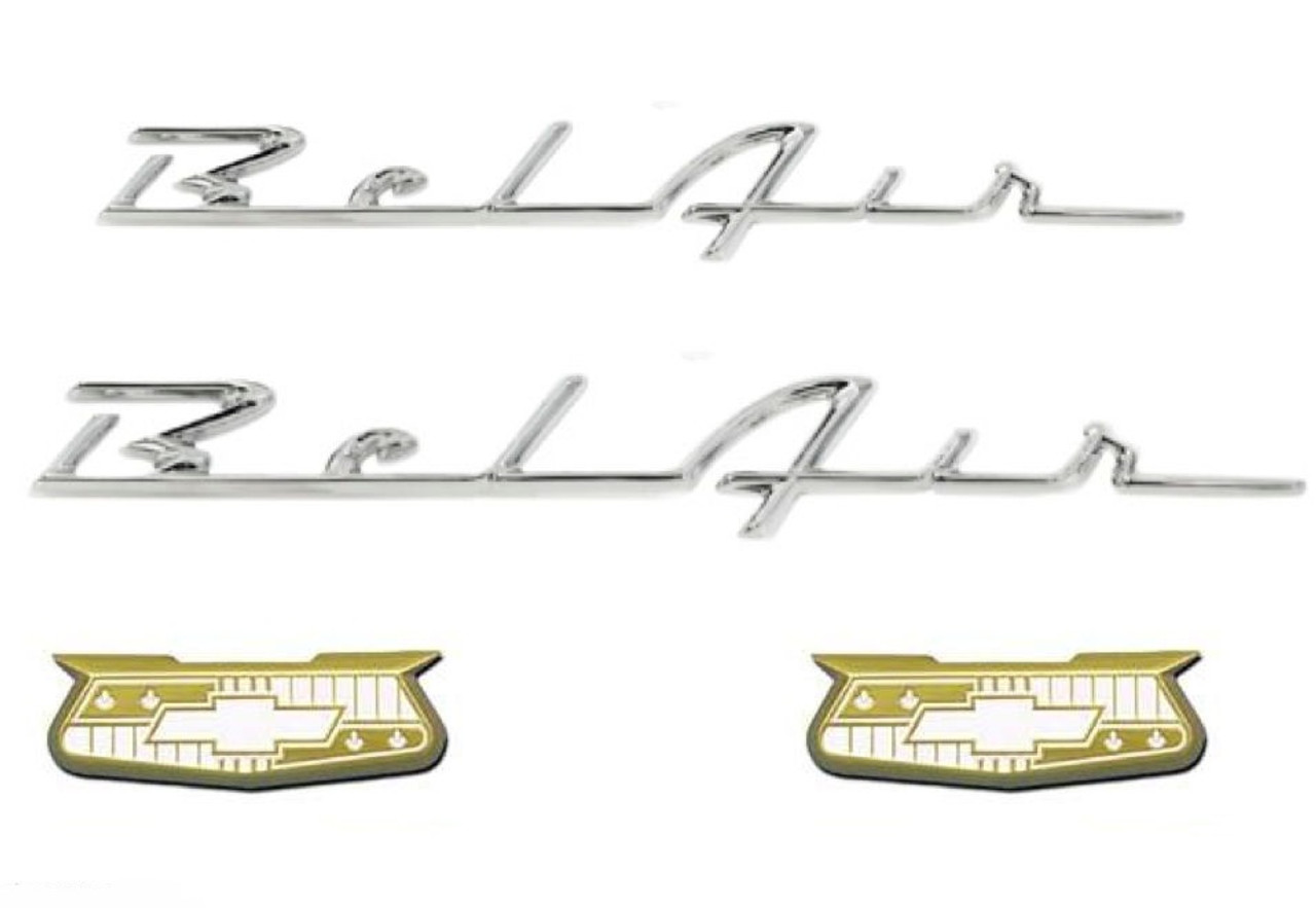 55 56 Chevy Gold Bel Air Crests And Quarter Chrome Scripts Set Trim Emblems  New