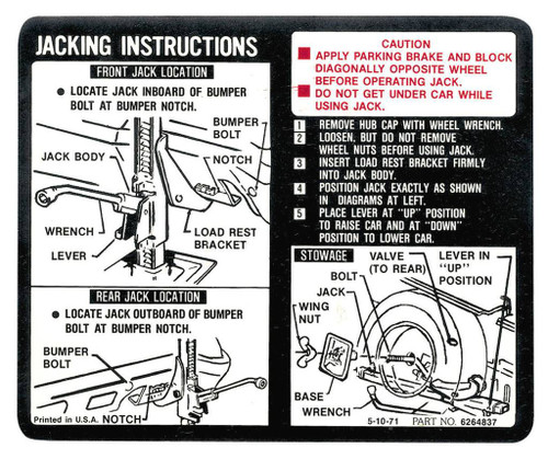 72 Chevy El Camino Jacking Instructions Decal Sticker 1972