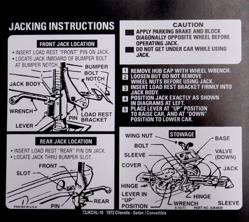 72 Chevy Chevelle Spare Tire & Jacking Instructions Decal Sticker 1972