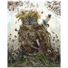 Fantasy artwork of Garnock, King of the Woodlands, a regal great horned owl wearing a woodland crown and carrying a bow among an enchanted forest