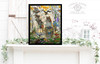 Framed enchanted woodland artwork displayed above a mantel with flowers and vintage home decor
