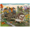 A whimsical hedgehog pulls a wagon overflowing with pumpkins and flowers through a charming woodland village on the way to market.
