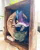 Angled view of Dreamy highlighting the dimensional clay moon face, whimsical mushroom, handcrafted details, and depth of the wooden frame.