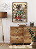 Framed whimsical rabbit artwork displayed above furniture in a charming living space