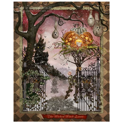 Fantasy artwork of The Wicked Witch Estate featuring an enchanted castle beyond ornate gates with glowing pumpkins, ghostly gourds, and a winding woodland path. 