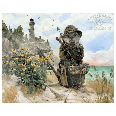 Whimsical fantasy artwork featuring a charming sea otter lighthouse keeper returning from the shore with his fresh catch of the day.
