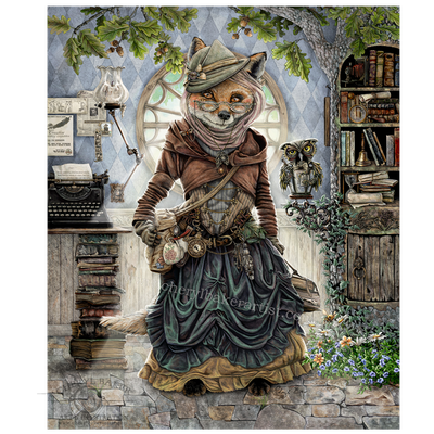 Emily Rosewood the Librarian features a scholarly fox surrounded by old books, a typewriter and her owl companion in a wonderfully cluttered woodland library.