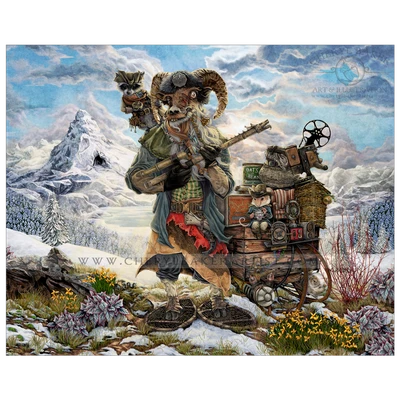 Fantasy artwork featuring a goat, mouse, and raccoon setting off on another adventure to safely trap, document, and release the elusive Yeti.

