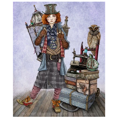 Fantasy artwork of the Mad Hatter setting off for the School for Witches and Wizards with his eccentric wardrobe, magical supplies, trusty owl, and sewing machine in tow.
