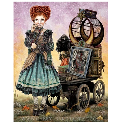 Fantasy artwork featuring an annoyed Winifred Sanderson traveling to the School for Witches and Wizards as the town burns behind her.
