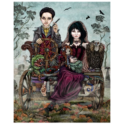 Fantasy artwork of Gomez and Morticia Addams travel together to the School for Witches and Wizards, bringing along an assortment of delightfully dark belongings for the journey.
