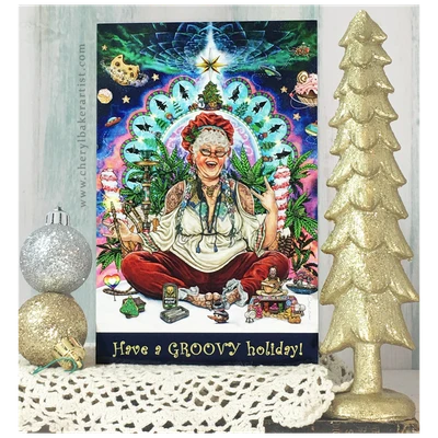 Greeting card featuring Bohemian Mrs. Claus fantasy artwork, complete with a coordinating envelope.