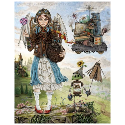 Fantasy artwork of Dorothy skips the train to the School for Witches and Wizards, traveling instead with her trusty sidekick and a collection of whimsical steampunk inventions.

