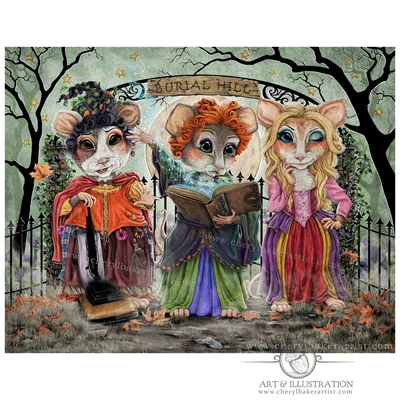 A whimsical tribute to the Sanderson Sisters reimagines the famous trio as mischievous mice casting their magic beneath the moonlight at Burial Hill.
