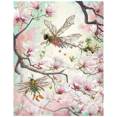 Fantasy dragonflies flying amongst stunning magnolia flowers titled, "Woodland Dragonflies."