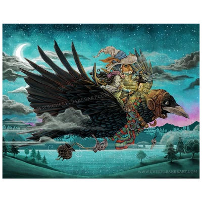 Fantasy artwork featuring Miss Tittles racing across the moonlit sky on a Scottish black bird, hurrying toward something that urgently requires her attention.
