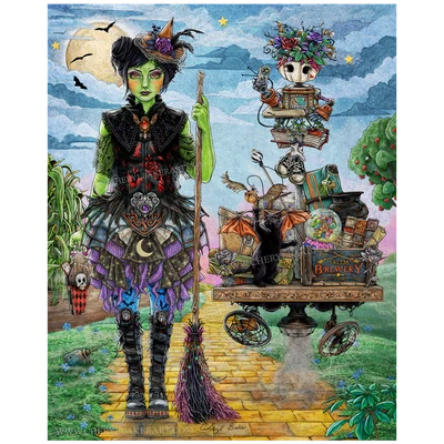 Fantasy artwork of the Wicked Witch of the West traveling the yellow brick road with her magical belongings and familiar as she makes her way to the School for Witches and Wizards.
