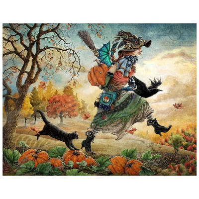 The Pumpkin Herder follows a whimsical witch racing through the autumn countryside with her trusted cat and crow companions.  
