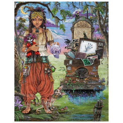 Fantasy artwork of Marie Laveau on her way to the School for Witches and Wizards, using her power to connect with the dead to guide and help her along the journey.
