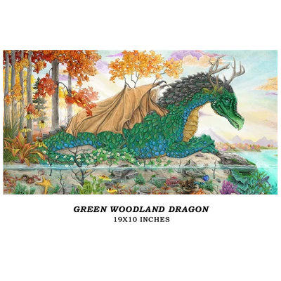 Fantasy artwork featuring a majestic green woodland dragon resting peacefully along the water’s edge amid the brilliant colors of autumn.
