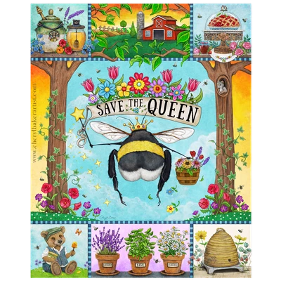 Whimsical artwork titled Save the Queen featuring a crowned queen bee surrounded by colorful flowers, herbs, honey, and charming scenes celebrating the magic of bees.
