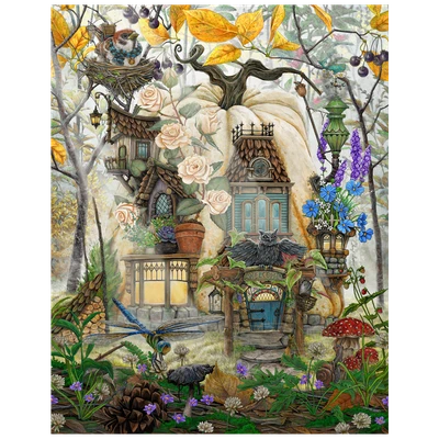 Fantasy artwork of a whimsical woodland pumpkin cottage surrounded by flowers, mushrooms, birds, and enchanted forest creatures titled, "Welcome Home." 