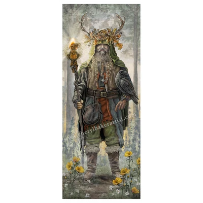 Fantasy artwork of a woodland druid wearing an antlered crown of autumn leaves, holding a phoenix staff and accompanied by a crow.
