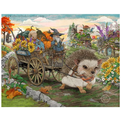 A whimsical hedgehog pulls a wagon overflowing with pumpkins and flowers through a charming woodland village on the way to market.