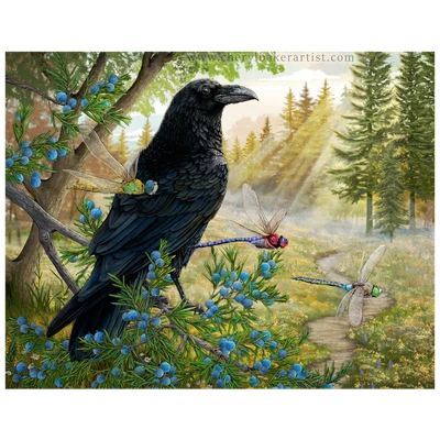 Fantasy artwork of a majestic black bird perched among juniper branches as colorful dragonflies guide the way through a sunlit woodland.
