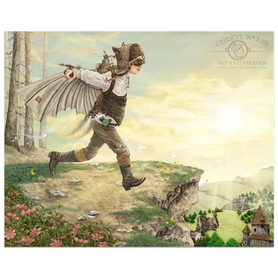 First Flight is a whimsical steampunk-inspired adventure featuring a daring young inventor testing her flying contraption while a trail of fairies lends a little magical helping hand.
