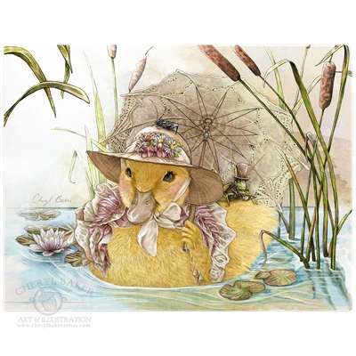 A Stroll with Miss Claire features a charming duck dressed in her Sunday best, enjoying a leisurely stroll through a peaceful lily pond.
