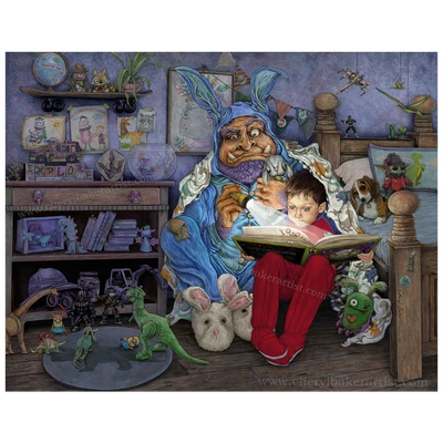 Bedtime Story captures a magical nighttime moment as a young boy reads a spooky story alongside a gentle monster surrounded by toys, imagination and childhood wonder. Fantasy artwork.
