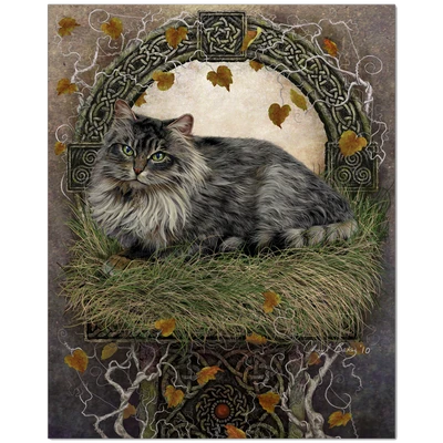 Fantasy artwork featuring a majestic cat resting within an intricate Celtic knot design surrounded by twisting roots and autumn leaves.
