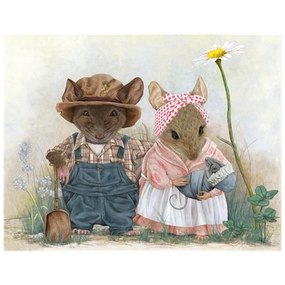 Fantasy artwork featuring the Hendersons, a charming country mouse family proudly welcoming their newest little bundle of joy.
