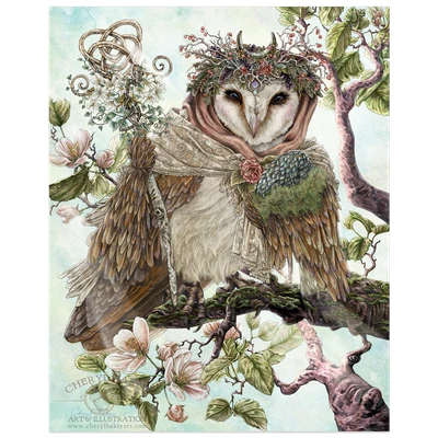Fantasy artwork of Aveline, Mother of the Woodlands, a regal barn owl wearing a floral crown and embroidered cloak while perched among flowering branches
