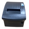 Front top-down view of a dark gray Bixolon SRP-350plusIII thermal receipt printer, featuring the paper exit slot, a clear control panel with a blue feed button and LED status lights, and a power switch on the lower right corner.