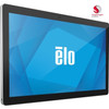 A high-angle studio shot from a three-quarter perspective, facing toward the right side of the Elo I-Series 4 Standard 21.5-inch all-in-one touch computer panel. The device is isolated against a clean white background, showcasing its thin profile, black front bezel, and silver-trimmed outer edge. The widescreen display is turned on, featuring a blue and teal geometric polygon graphic layout with the bold white lowercase "ēlo" corporate brand logo centered on the glass panel. In the upper right corner of the image composition, an official "Snapdragon by Qualcomm" logo is superimposed, consisting of a red and white stylized organic swirl emblem above red and black brand typography.