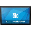 A straight-on, full-front studio shot against a crisp white background showing the Elo I-Series 4 Standard 21.5-inch widescreen all-in-one touch computer monitor panel. The hardware features a sleek, commercial-grade black outer bezel with slightly rounded corners and edge-to-edge protective glass. In the center of the top bezel, a small, subtle circular pinhole lens marks the front-facing 8MP camera. The widescreen display is powered on, showing a bright teal and blue geometric polygon background graphics overlay. In the center of the screen, the official lowercase "ēlo" corporate brand logo is printed in bold white text, with large white lettering stretching across the bottom half of the panel reading "22" | Touchscreen".