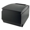 An angled rear view showing the top surface and the back. The large, smooth, matte black cover curves down. A narrow rectangular paper exit slot is visible at the very front-top edge. The main body of the printer has simple, straight vertical lines, and the rear wall is solid black.