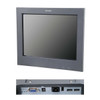 A composite product view of the dark grey Toshiba SurePoint 4820-5AG 15-inch touchscreen monitor, featuring a main front-facing perspective showing the display with "TOSHIBA" branding and lower-right function icons against a white background. Below this, a detailed close-up inset image isolates the input/output port panel, showcasing interface connections including a blue analog VGA D-Sub 15-pin port, a round DC power input jack, a specific locking Powered USB port, a standard USB Type-A port, and two smaller specialized interface slots, positioned beneath threaded mounting points.