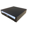 A high-angle perspective three-quarter view of the closed black APG Vasario cash drawer, highlighting its clean rectangular steel housing, textured finish, and front lock mechanism against a white background.