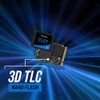 VisionTek DLX4 M.2 2230 NVMe SSD with exposed components on a blue radial light background, highlighting “3D TLC NAND Flash” technology.