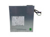 A close-up, straight-on shot of the side panel of a silver HP 240W Switching Power Supply (model 659193-001) showing its detailed technical specification label. The white label features the HP logo and lists input/output ratings, including a maximum power output of 240W and multiple voltage rails ($+12Vmain$, $+12Vcpu$, $-12V$, and $+12Vsb$). Various regulatory marks, safety warnings in multiple languages, and a barcode are visible. A small green "up" arrow sticker is located at the bottom right of the metal chassis, and a bundle of colored wires extends from the top right.