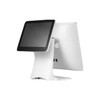 A professional product photo of a POSBANK APEXA Point of Sale (POS) system in white. The device features a dual-monitor setup: a larger primary touchscreen facing the operator and a smaller secondary customer-facing display mounted on the back. Both screens have sleek black bezels, and the entire unit is supported by a modern, curved white pedestal stand.