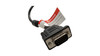 A close-up of a black VGA-style connector cable against a plain white background. The metal connector has 15 pins and two thumbscrews for securing it to a port. Wrapped around the black cord is a white and red "WARNING" label containing installation instructions for a second monitor.