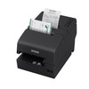 A high-angle studio shot of a black Epson TM-H6000VI multifunction POS printer on a white background.

The device is processing two items simultaneously: a printed receipt emerges from the top-right slot, and a bank check is being fed or scanned through the front-left slot. The printer has a matte black finish with the "EPSON" logo in silver on the front. A small control panel with status lights and buttons is visible on the top-right surface.

The receipt from "Corner Bank" displays transaction details, including an amount of 100.00 and an available balance. The bank check features a green teal logo and a "global business" watermark.