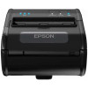 A top-down, straight-on view of the same black Epson portable printer. The Epson logo is centered on a semi-transparent window on the paper cover. Above the paper exit slot, the control panel is visible, featuring blue LED status lights for battery levels, connectivity, and power, alongside labeled indicators for "Error" and "Charge." The serrated edge of the paper cutter is visible within the output slot.