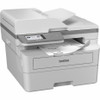 Alt Text: A three-quarter view of a white Brother MFC-L2980DW laser multifunction printer. The device features an automatic document feeder on top, a color touchscreen control panel, and a printed invoice exiting the output tray.