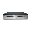 An eye-level, front-facing product shot of an APG 4000 Series heavy-duty cash drawer against a plain white background.

The drawer features a stainless steel front panel with a brushed metallic finish, while the top and sides of the unit are a matte black. The front face includes:

Two media slots: Two horizontal, recessed openings located on the left and right for sliding in checks or large bills without opening the drawer.

Key lock: A centered silver circular lock at the bottom, with a key currently inserted.

Branding: The APG Cash Drawer logo is visible in the top-left corner of the stainless steel panel.

The unit is shown closed, highlighting its rectangular, low-profile design.